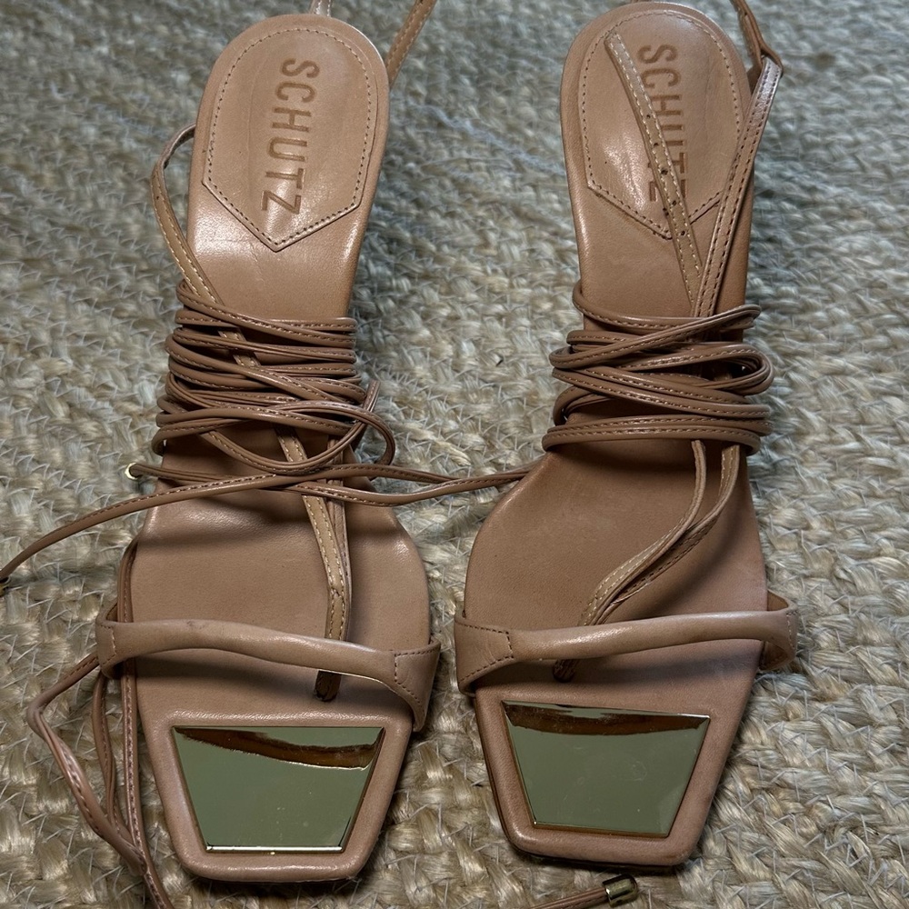 SCHUTZ Vikki Leather Ankle Tie Tan Strappy Heels